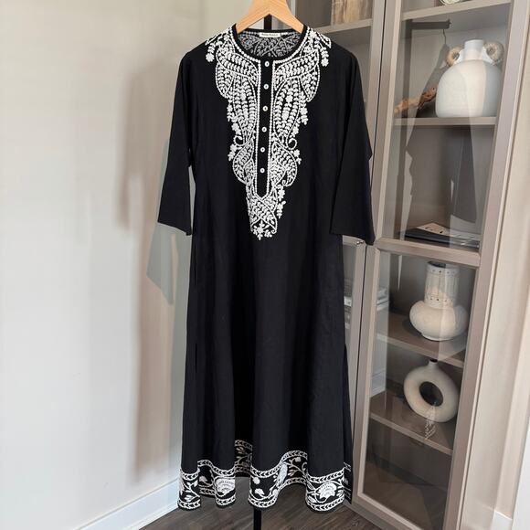 Roller Rabbit Embroidered Midi Dress Cotton Flax Black White Shift Small S - Picture 2 of 7